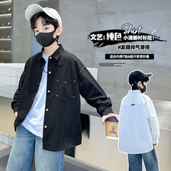 男童秋裝口袋襯衫外套2024春季新款中大童韓版純色百搭寬鬆上衣潮