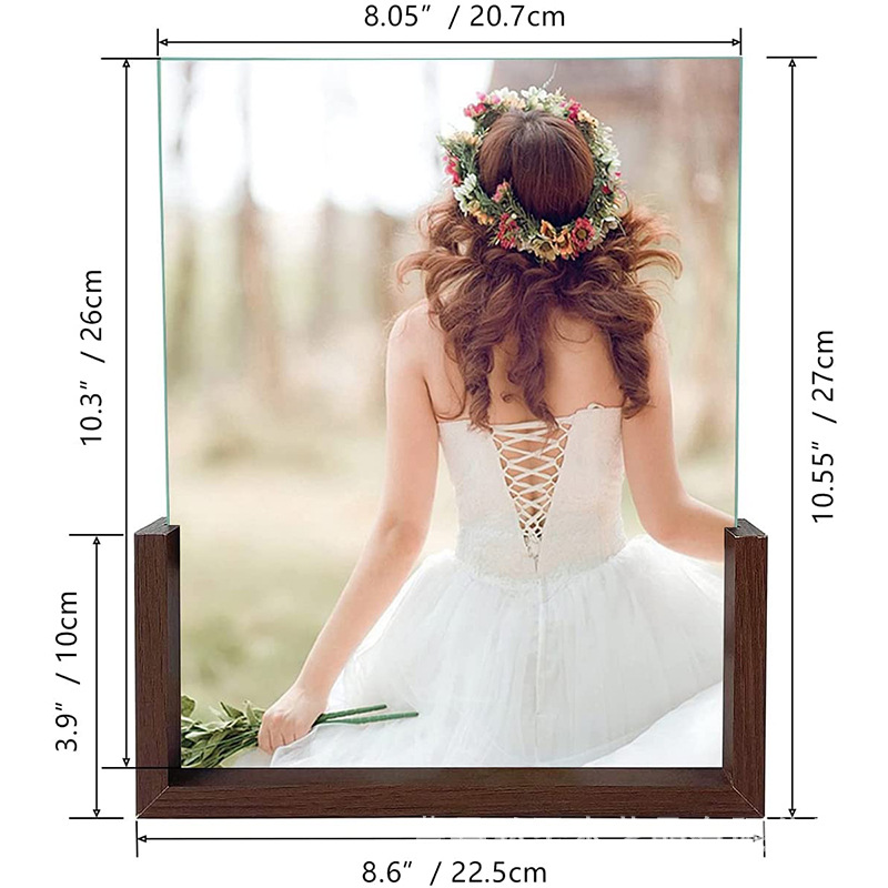 Marco de fotos de madera en forma de U decoración de base de fotos de escritorio de doble cara marco de fotos de vidrio acrílico transparente logotipo impreso