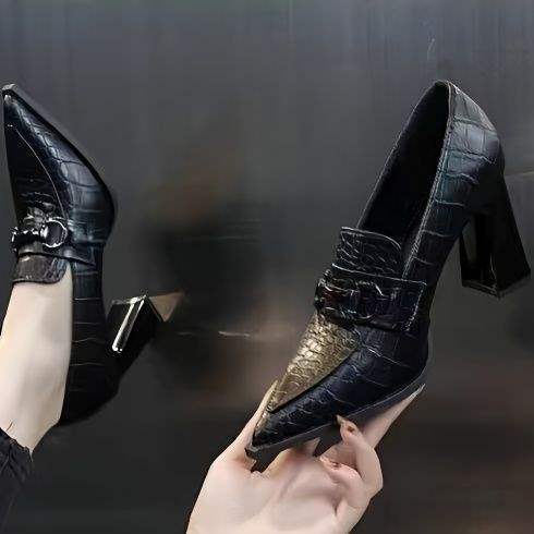 High Heels 2025 Spring and Autumn Thick Heel Pointed Toe Waterproof Platform British Style Deep Mouth Single Shoes New Middle-Aged