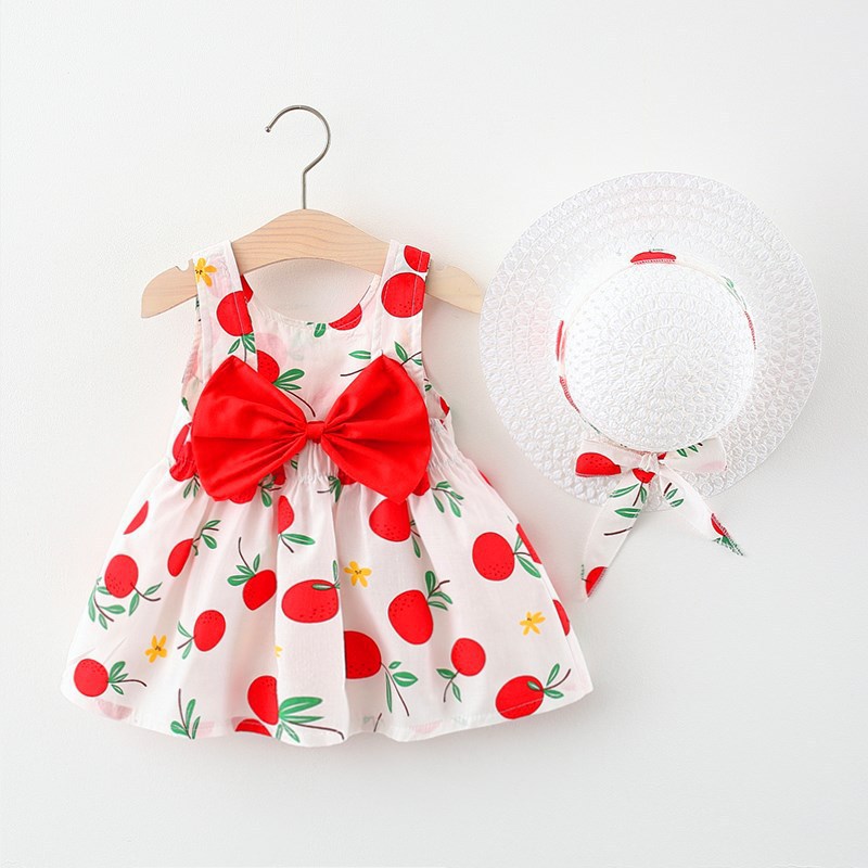 2021 summer new pattern Covered Apple back Big bow Cotton dress Korean Edition skirt Straw hat