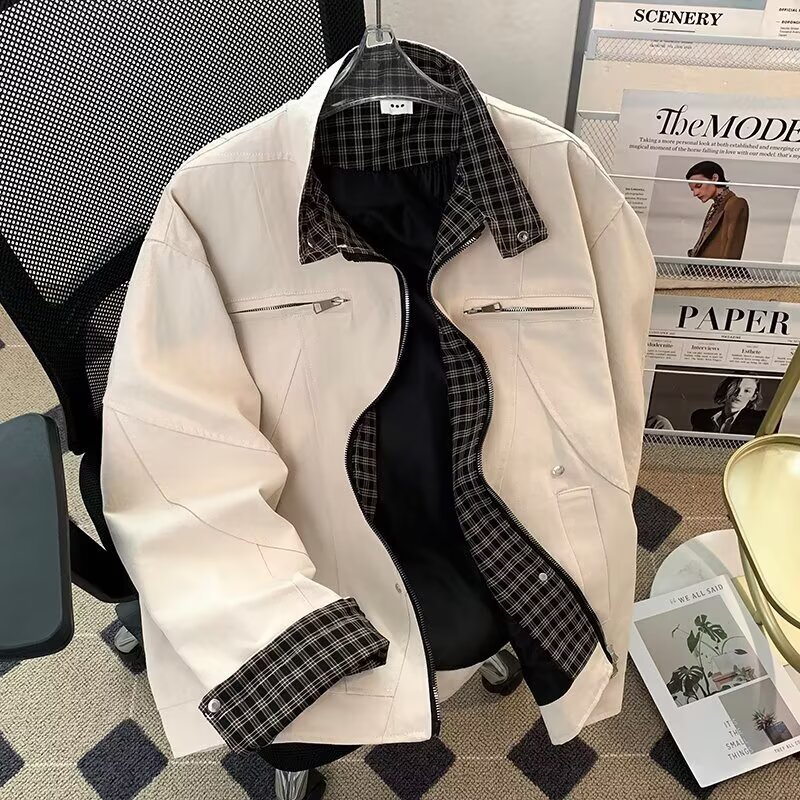 Grid Splicing Jacket, Trendy Loose Baseball Jacket, Lapel Workwear Jacket_voghion.com