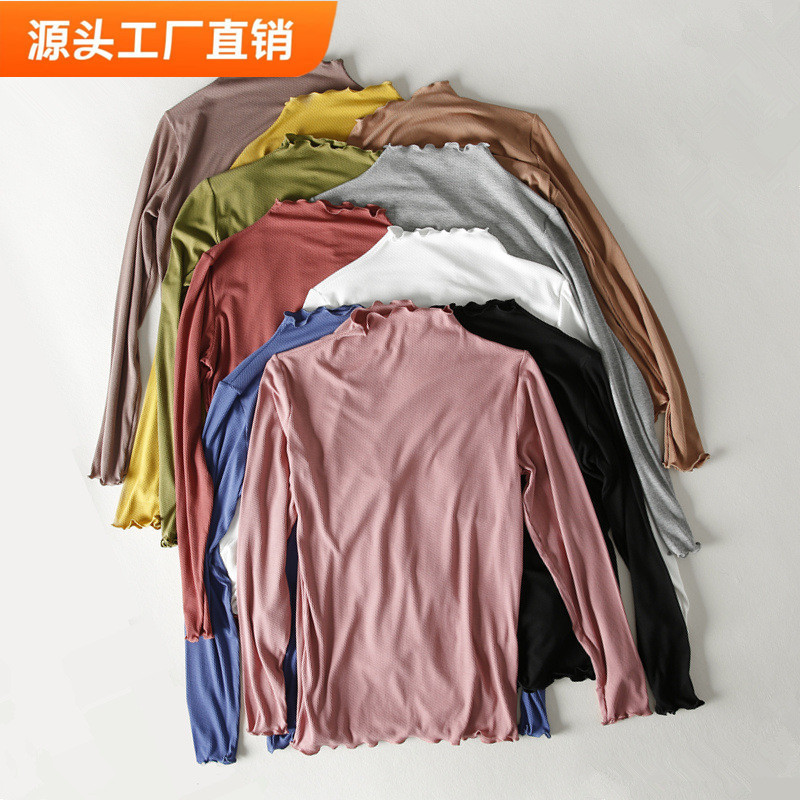 Spring and Autumn New half turtleneck inner modal bottoming shirt slim thin solid color top wooden ear collar long sleeve T-shirt for women