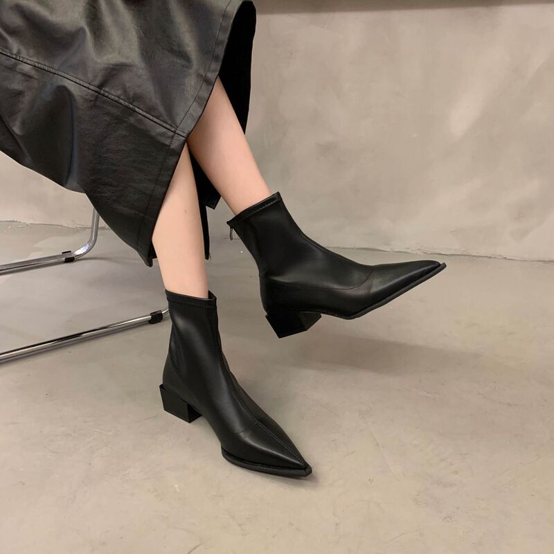French Fashion Pointed Toe Thick Heel Slim Boots Short Boots for Women 2025 New Ankle Small Nude Boots High Heel Leather Boots Short Boots