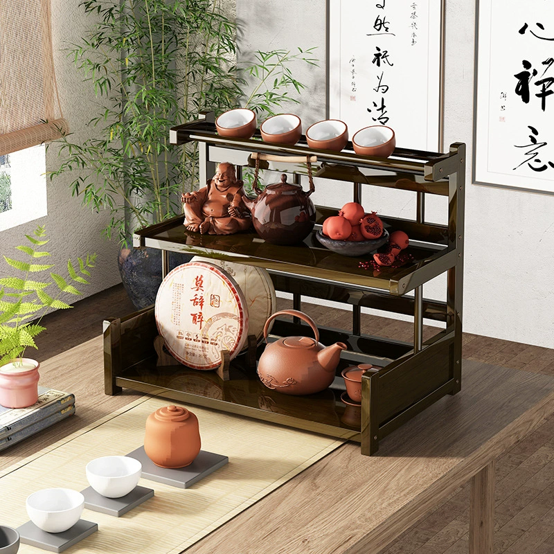 Настольная антикварная стойка Стойка для чайных чашек Маленький стол Стеллаж для хранения чайного набора Фиолетовый песочный горшок Стеллаж для хранения чайников в китайском стиле