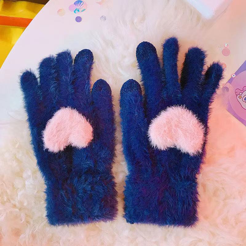 Nuevo amor de pantalla táctil guantes de peluche al aire libre de cinco dedos lindo tejido otoño invierno calentamiento a prueba de viento guantes de invierno para chicas
