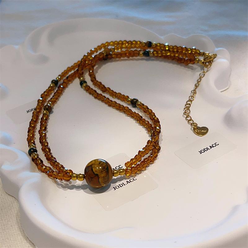 中古风美拉德茶色水晶虎眼石头吊坠项链叠戴锁骨链项链新款颈链|undefined