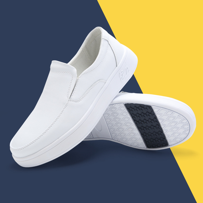 Zapatos de enfermera desodorante plano de los hombres slip-on punta redonda trabajo médico zapatos de fondo suave transpirable casual cuero blanco zapatos mediados de talón