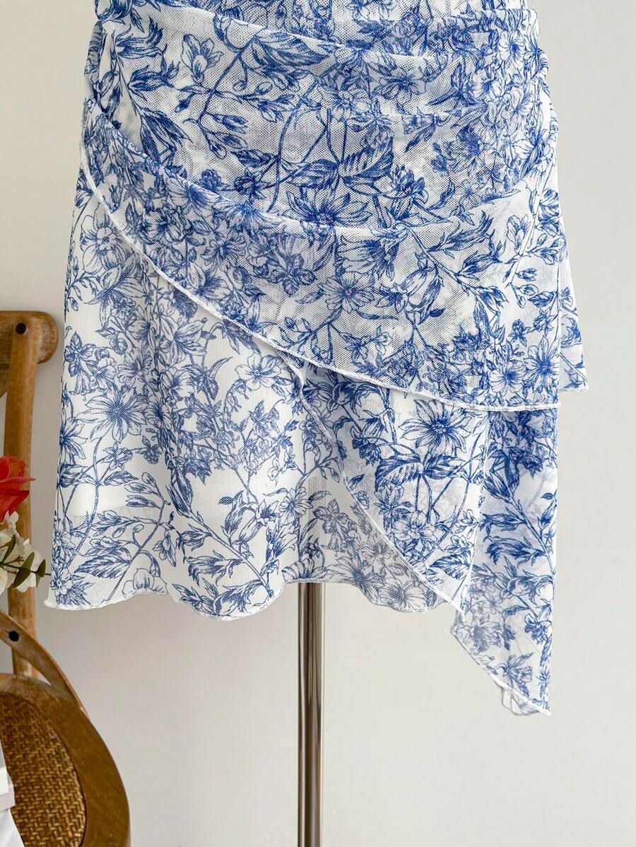 Blue Floral Mesh Dress Fashionable Elegant Casual Slim-Fitting Women's Clothing/Dress_ecoleips.com
