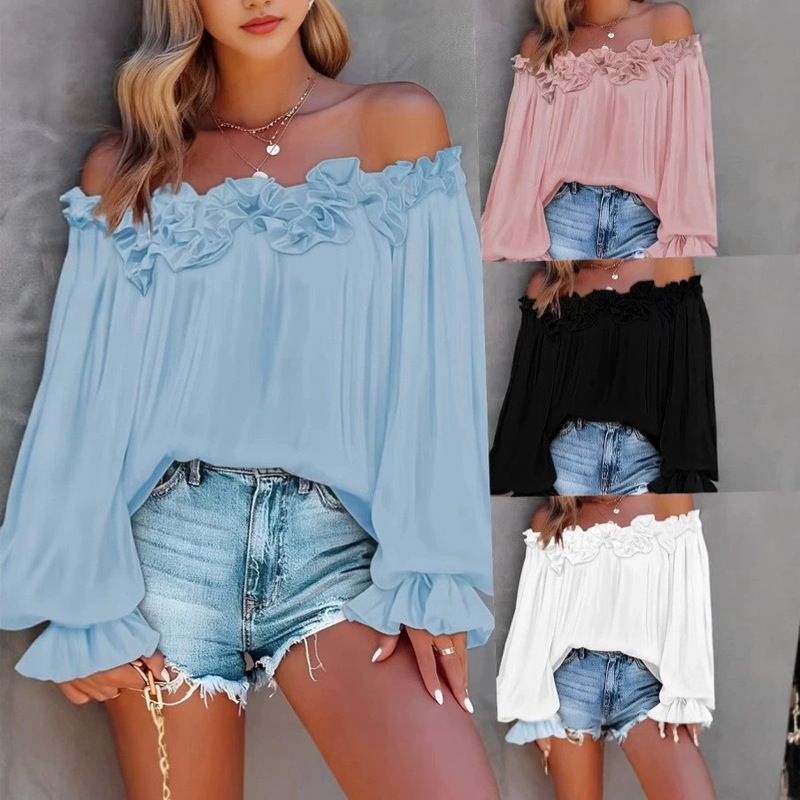 Hot-selling new style: elegant and casual off-the-shoulder long-sleeve top with ruffled sleeves, loose-fitting, plus-size women's clothing