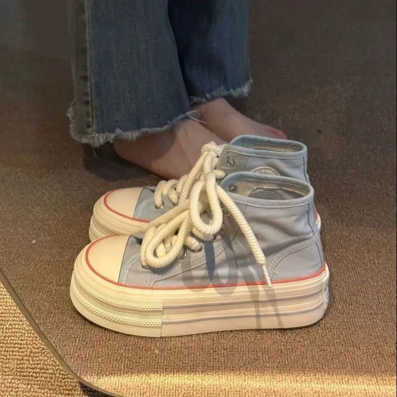 Juelaifei thick-soled breathable canvas shoes 2025 spring new versatile casual high-top canvas shoes for women