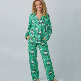 跨境女装长袖睡衣春秋季绿色植物花卉大码衬衫休闲长裤家居服套装
