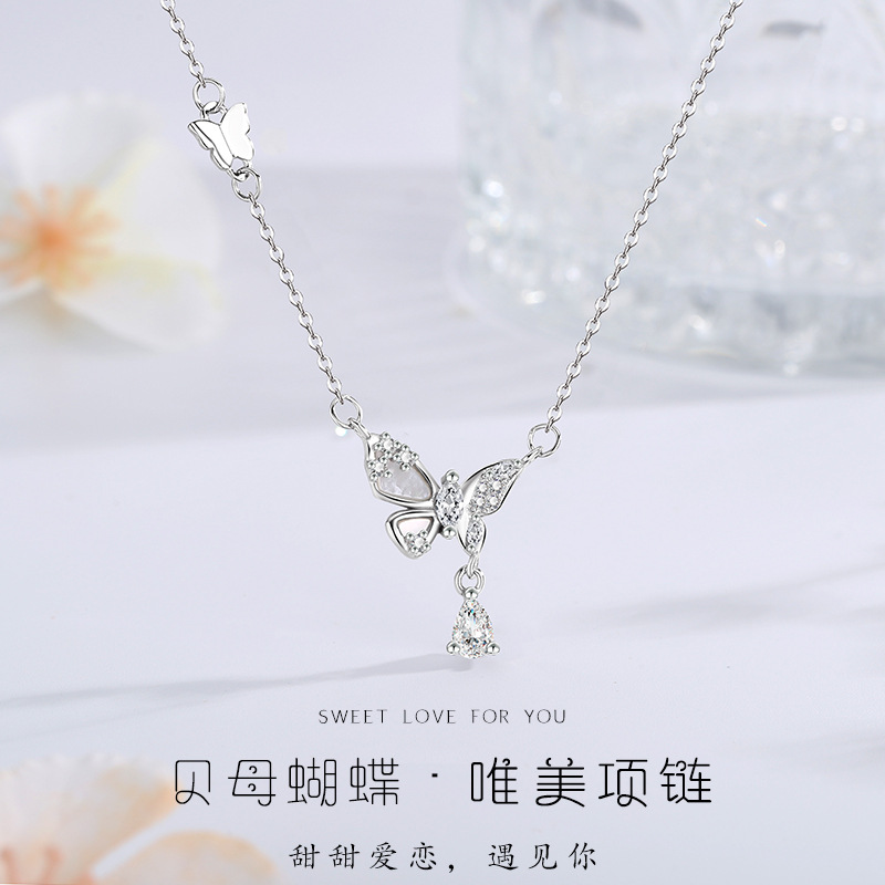 Misheng New Butterfly Mother-Of-Pearl Zircon Necklace for Women, Niche Style, Sweet and Simple High-End Collarbone Chain