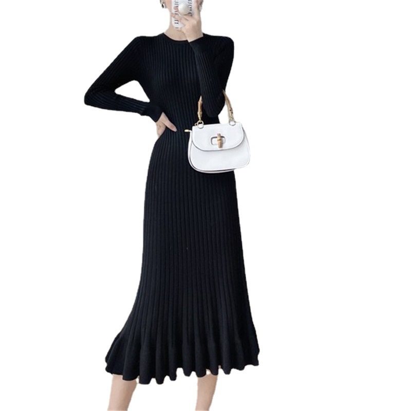 Sügisene kalasabaga kootud kleit naistele, keskmise pikkusega põlveni, alusasendis ja saledaga, koos kasukaga_voghion.com