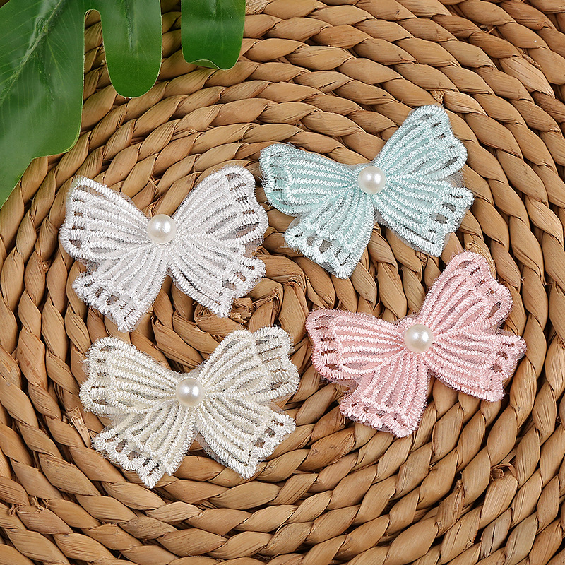 现货 单朵 4.3x5.5cm 订珍珠蝴蝶结双层花边 珍珠花朵 婚纱花边