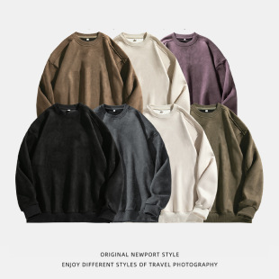 400g Suede Pure Color Sweatshirt Men's Spring New American Retro Top Couple Pullover Jacket Available for Two Openings