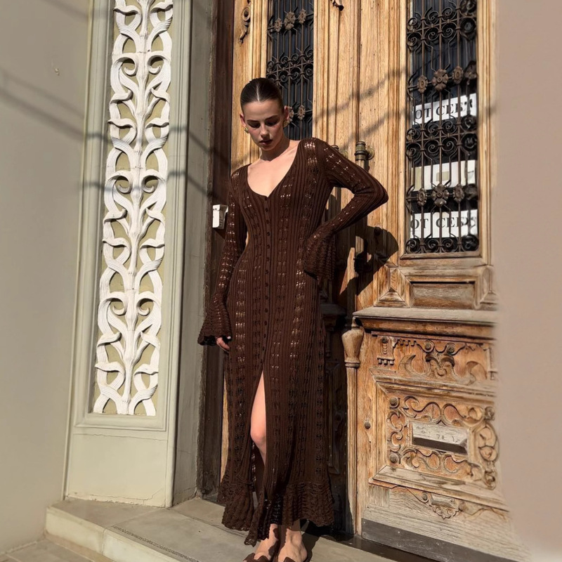 European and American Hot Girl Cut Out Long Knitted Jacket for Women with Ruffled Design and Lazy Style with Long Bell-Shaped Cardigan