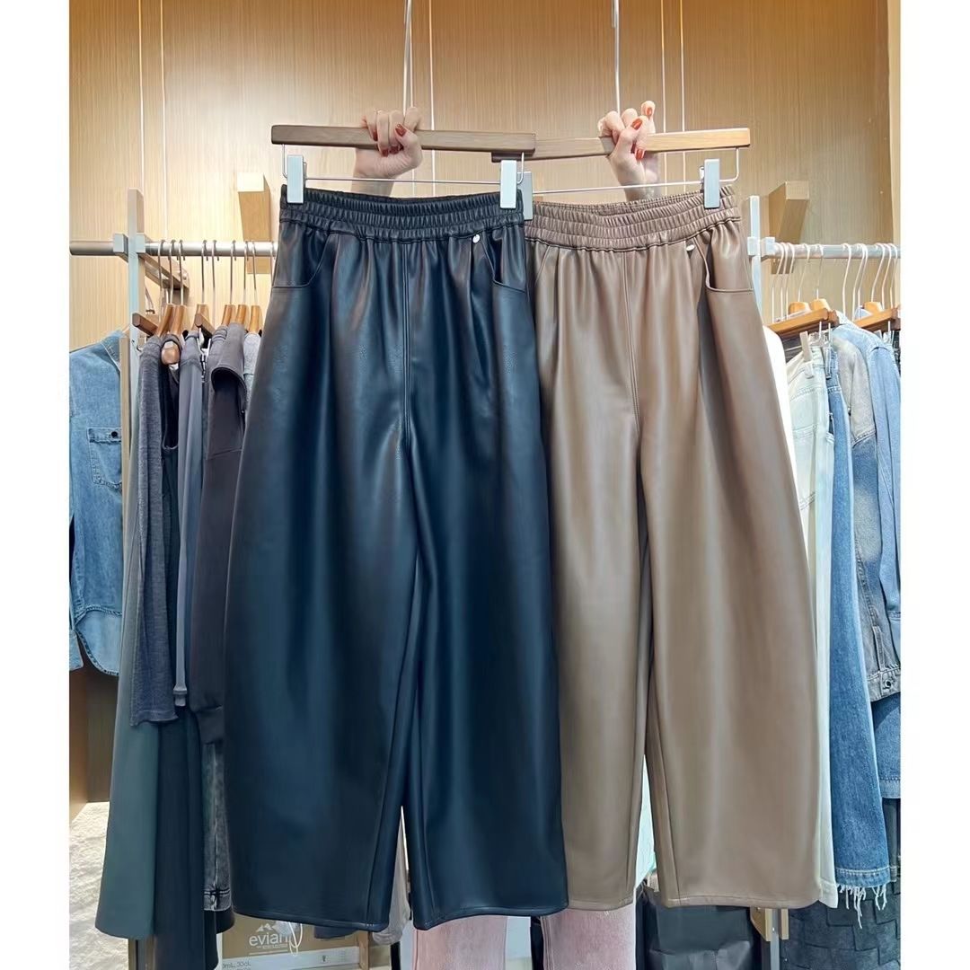 弯刀阔腿皮裤女秋冬新款松紧高腰显瘦PU皮韩版宽松直筒休闲九分裤