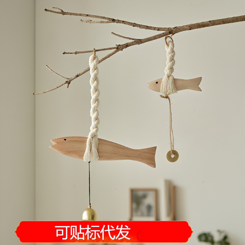 跨境地中海风墙面装饰品鱼挂件实木棉绳小鱼铃铛风铃创意墙壁家居|undefined