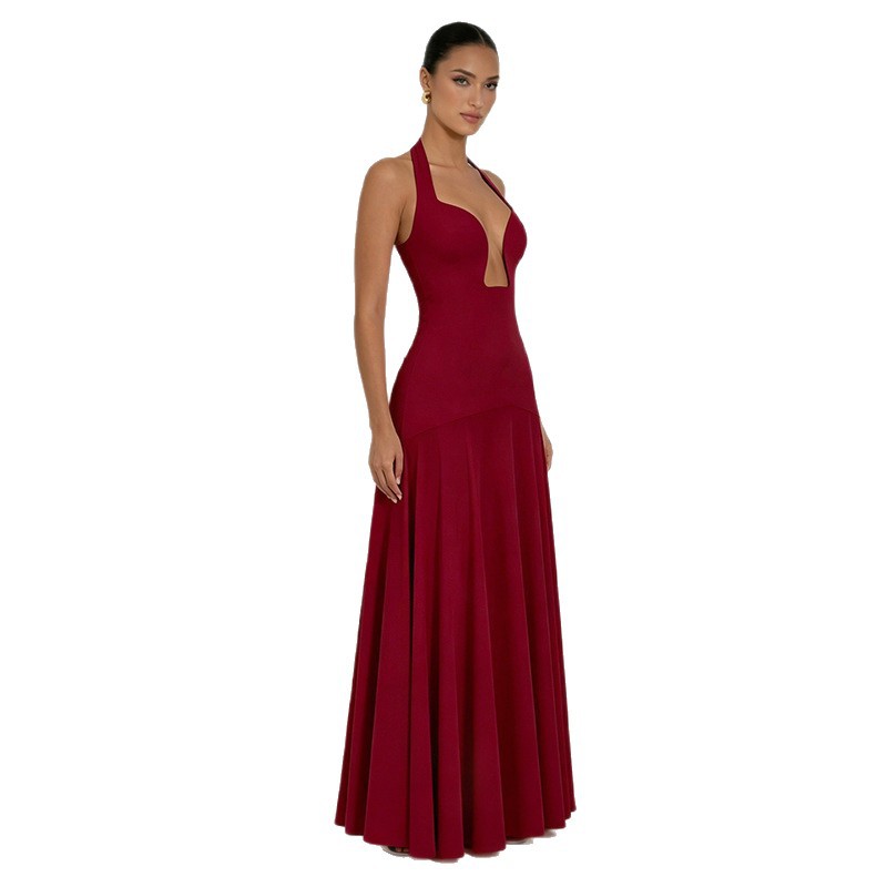 Amazon verano 2026 nuevo temperamento de mujer de color sólido cuello de cuello bajo sexy empalme vestido de espalda abierta vestido