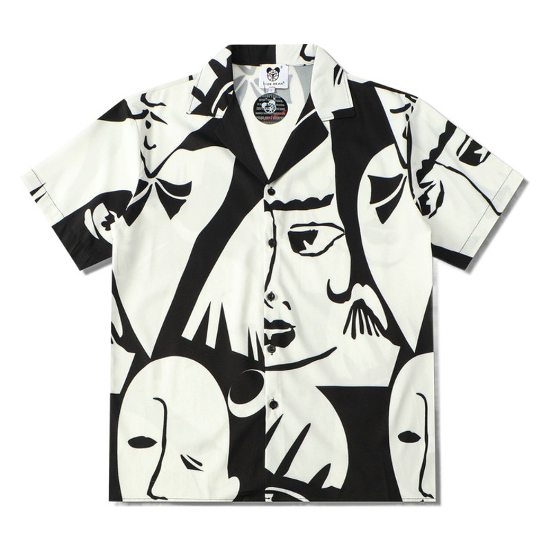 Daifa hombres europeos y americanos calle pareja juvenil marca de moda máscara Impresión digital solapa suelta camisa manga corta verano