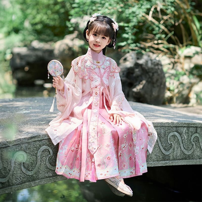 Girls' Pink Hanfu Set, Children's Ming-Style Ultra-Fairy Ancient Chinese Style Embroidered Cloud Shoulder Dress with Flower Hairpin and Horse-Faced Skirt