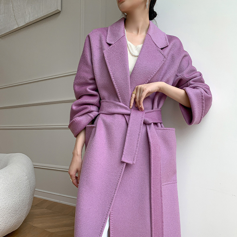 玫瑰紫水波纹羊绒大衣女中长款西装领秋冬新款气质羊毛双面呢外套