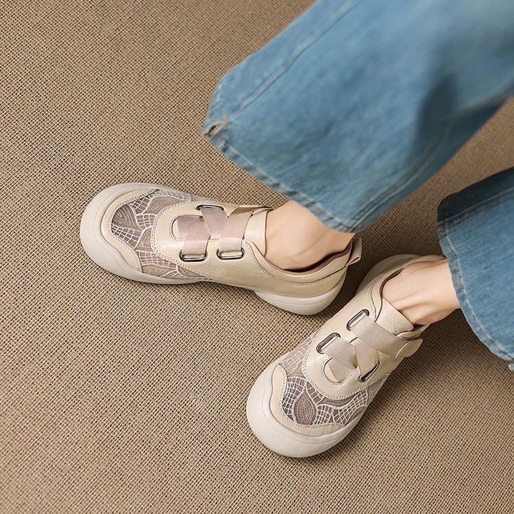 Giày sneaker nữ phối màu da thật lỗ thoáng khí đế bệt buộc dây kết hợp miếng dán — màu trắng ngà chi tiết 40