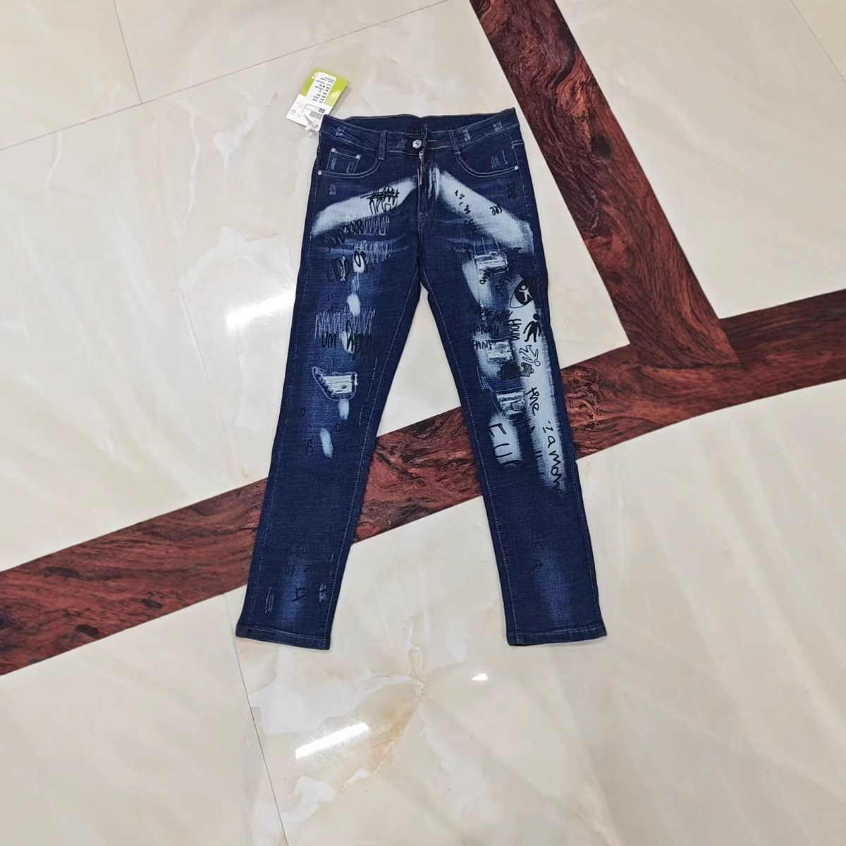 boy 2025 Summer New Cross-Border Inkjet Stretch European And American Men's Jeans Washed Distressed Patched Trendy Brand_voghion.com