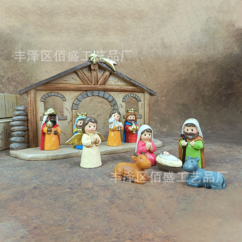 Navidad transfronteriza regalos de nacimiento escena de pesebre decoración imitación de madera resina artesanía decoración para el hogar de vacaciones