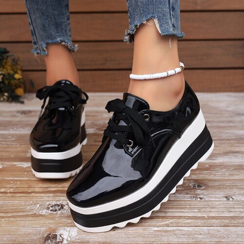 Plus-size platform mule shoes for women—autumn/winter collection, featuring lace-up design, square toe, patent leather finish, and dramatic wedge heels for added height.