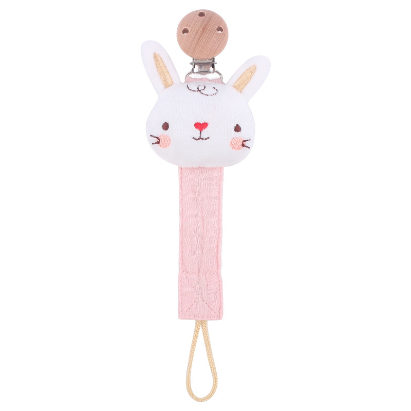 Nuevos suministros de bebé clip de chupete de haya animal de dibujos animados conejo León algodón lino con pezón cuerda chupete cadena