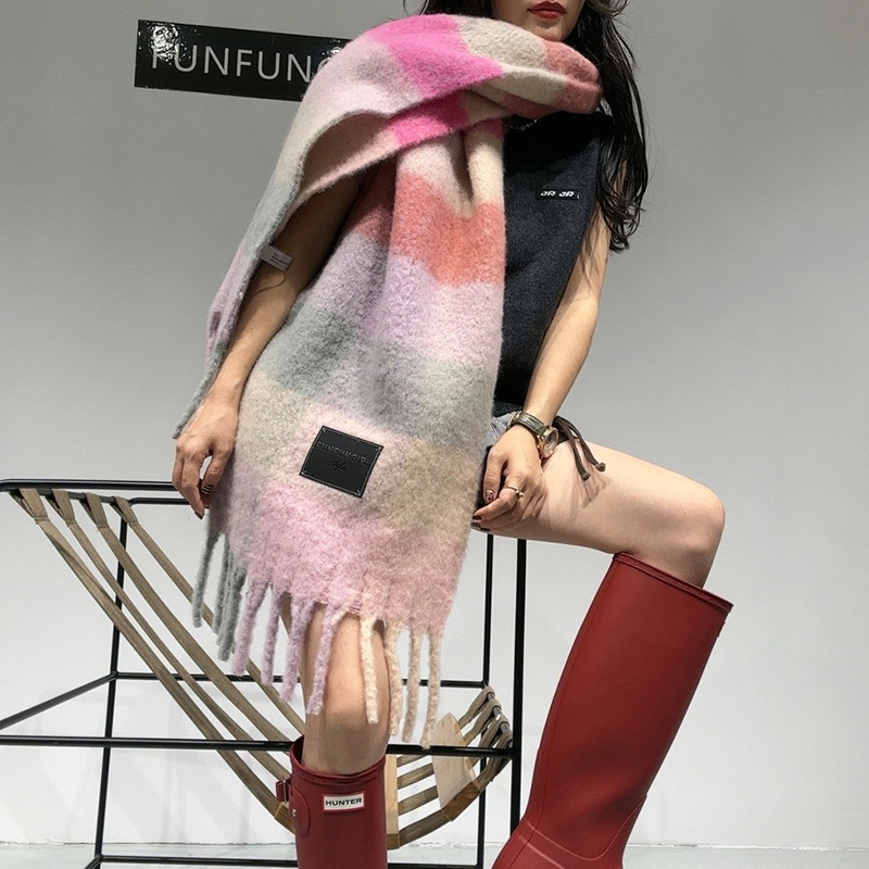 小衆デザイン感ウール格子衝突色マフラー女性秋冬保温マフラー|undefined