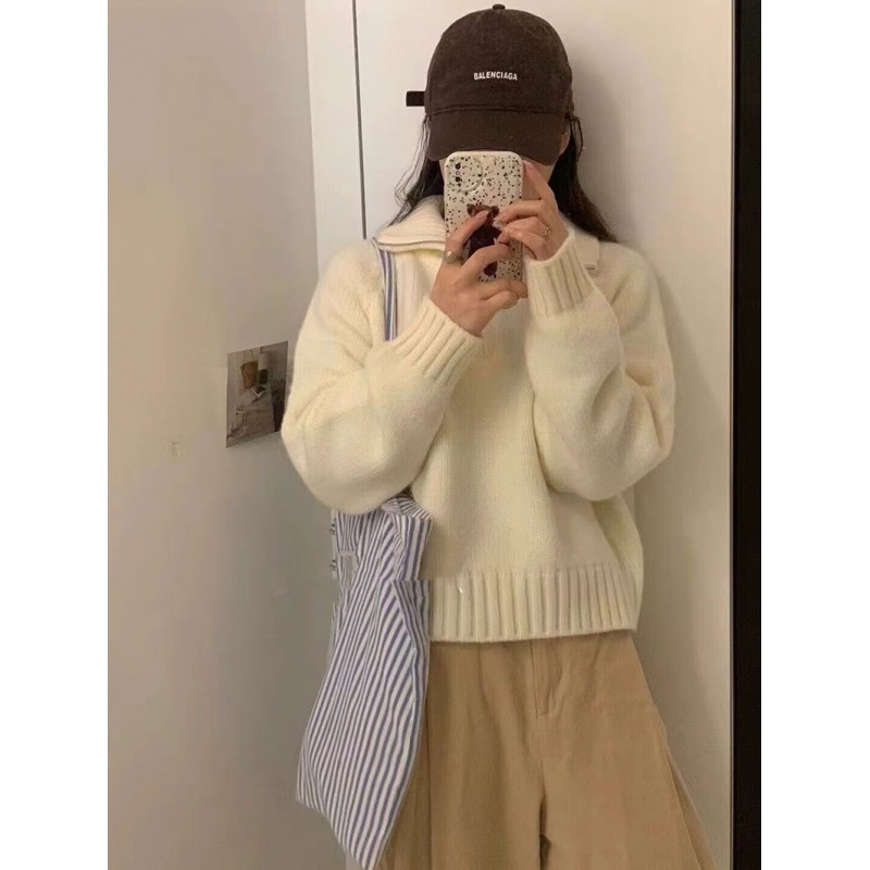 South Korea Dongdaemun 2024 Warm Long Sleeve High Neck Autumn and Winter Pure Color Sweet Age-reducing Loose Half Zip Pullover Sweater South Korea Dongdaemun 2024 Warm Long Sleeve High Neck Autumn and Winter Pure Color Sweet Age-reducing Loose Half Zip Pullover Sweater