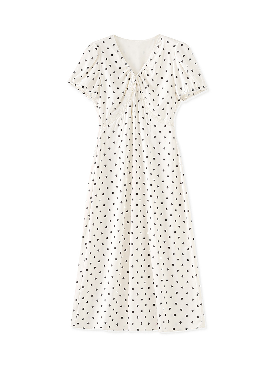 Váy maxi tay phồng chấm bi phong cách Pháp, chất liệu jacquard satin ren rủ — Màu mơ