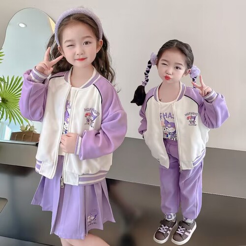 Three-piece set for girls, medium-sized children's autumn long-sleeved suit, children's style Korean style cartoon Kuromi baseball uniform