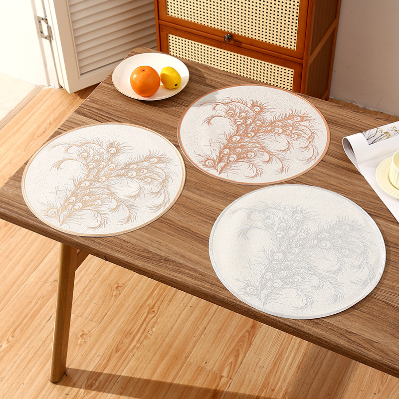 Colchonetes de PVC redondas francesas plumas de pavón creativas almohadillas de aislamiento térmico de alta calidad almohadillas de aislamiento térmico de restaurante de lujo ligero