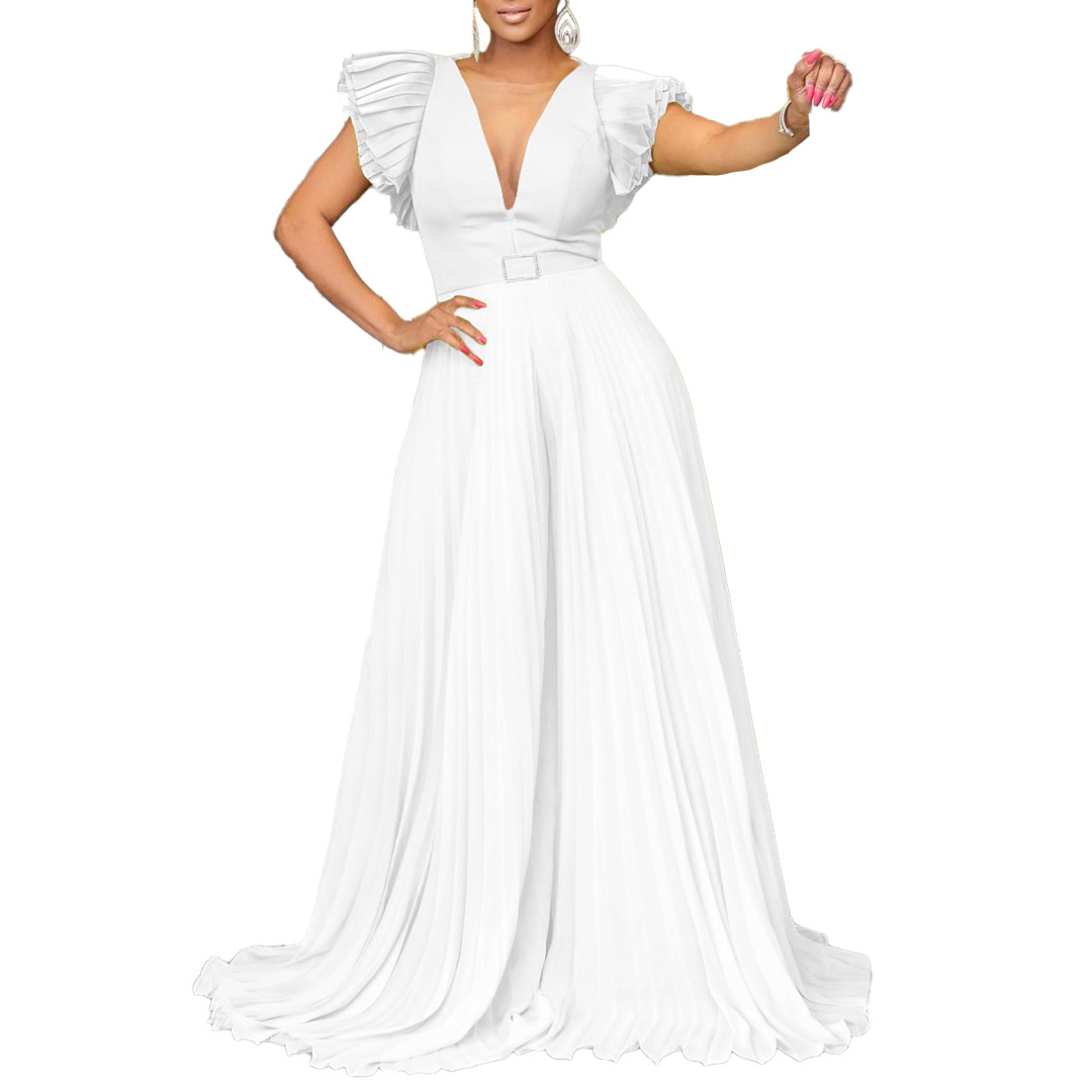 Women's Clothing sexy deep V pleated wide leg large size jumpsuit_voghion.com