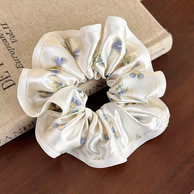 29# pearl white satin blue print hair tie - approximately 14cm