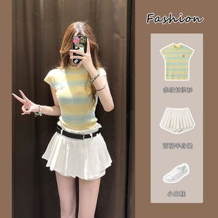 Summer Pure Desire Striped Half-high Collar Sweater Top Women's Shoulder Shirt High Waist Pleated Skirt Two-piece Set