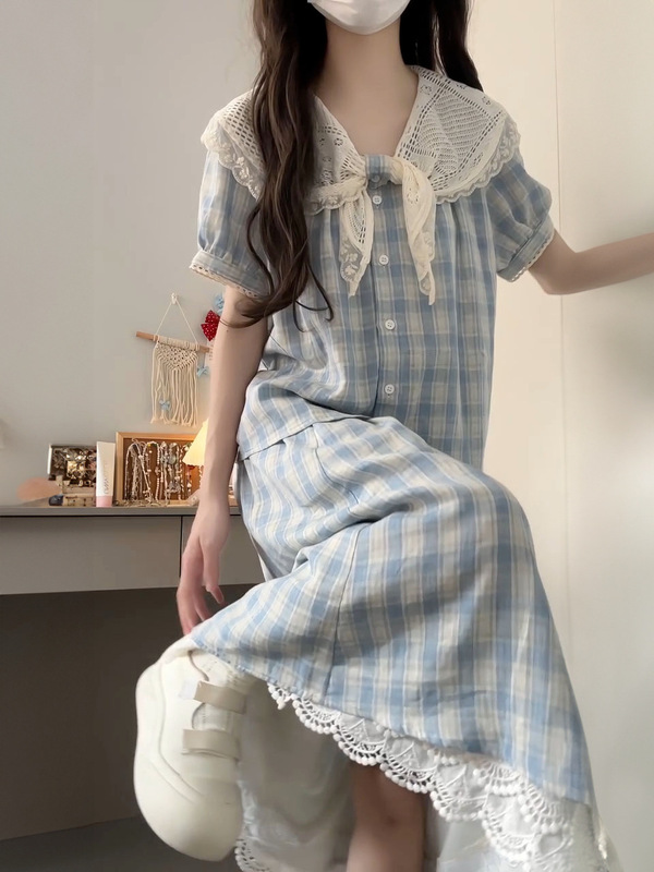 甜美小个子蓝色格纹泡泡袖花边领衬衫女+高腰a字裙两件套|undefined