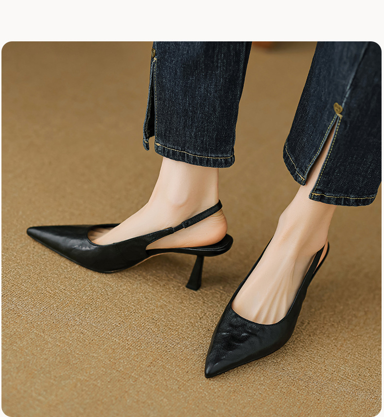 Sandal cao gót nữ mũi nhọn hở gót, da cừu, phong cách Hàn Quốc đơn giản — đen chi tiết 13