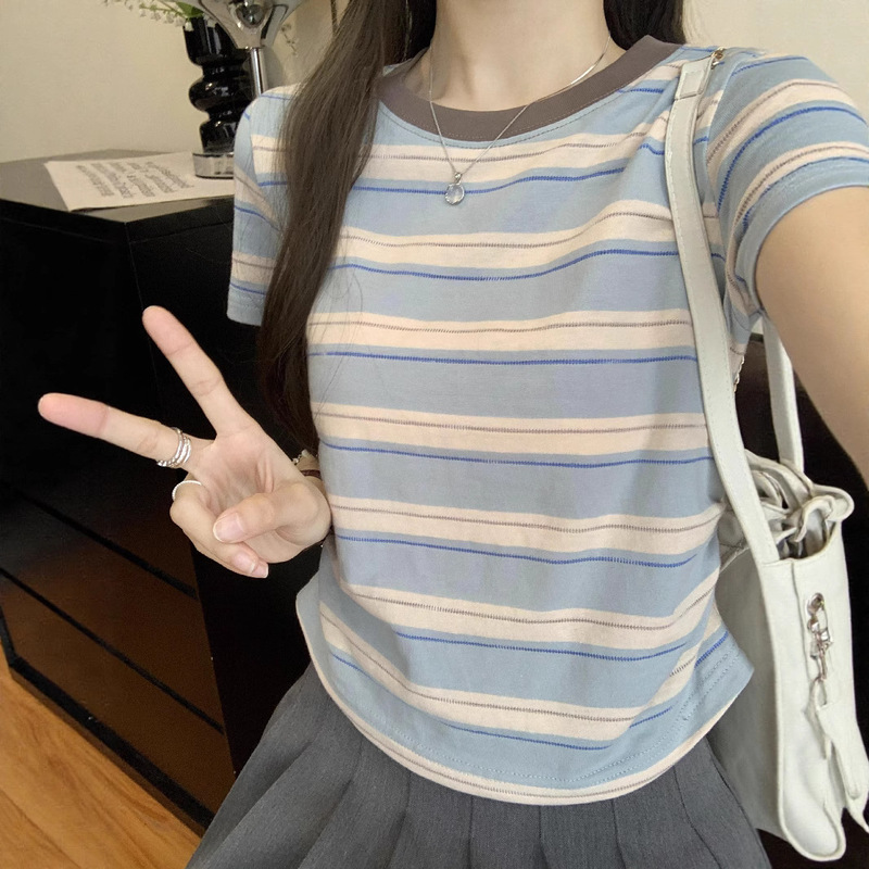 Fresh and Simple Striped Color-Block Crew Neck Short Sleeve T-Shirt for Women 2025 Summer New Fashion Slimming Versatile Top