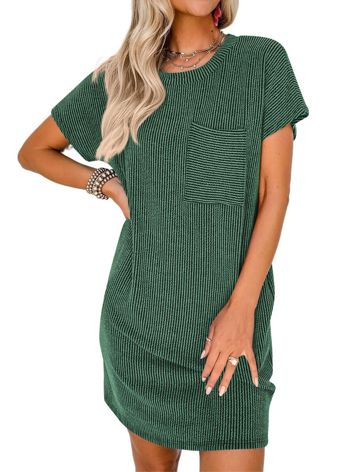 Women Summer Casual Contrast Color Wavy Stripes Short Sleeve Pocket Dress 8 Women Summer Casual Contrast Color Wavy Stripes Short Sleeve Pocket Dress