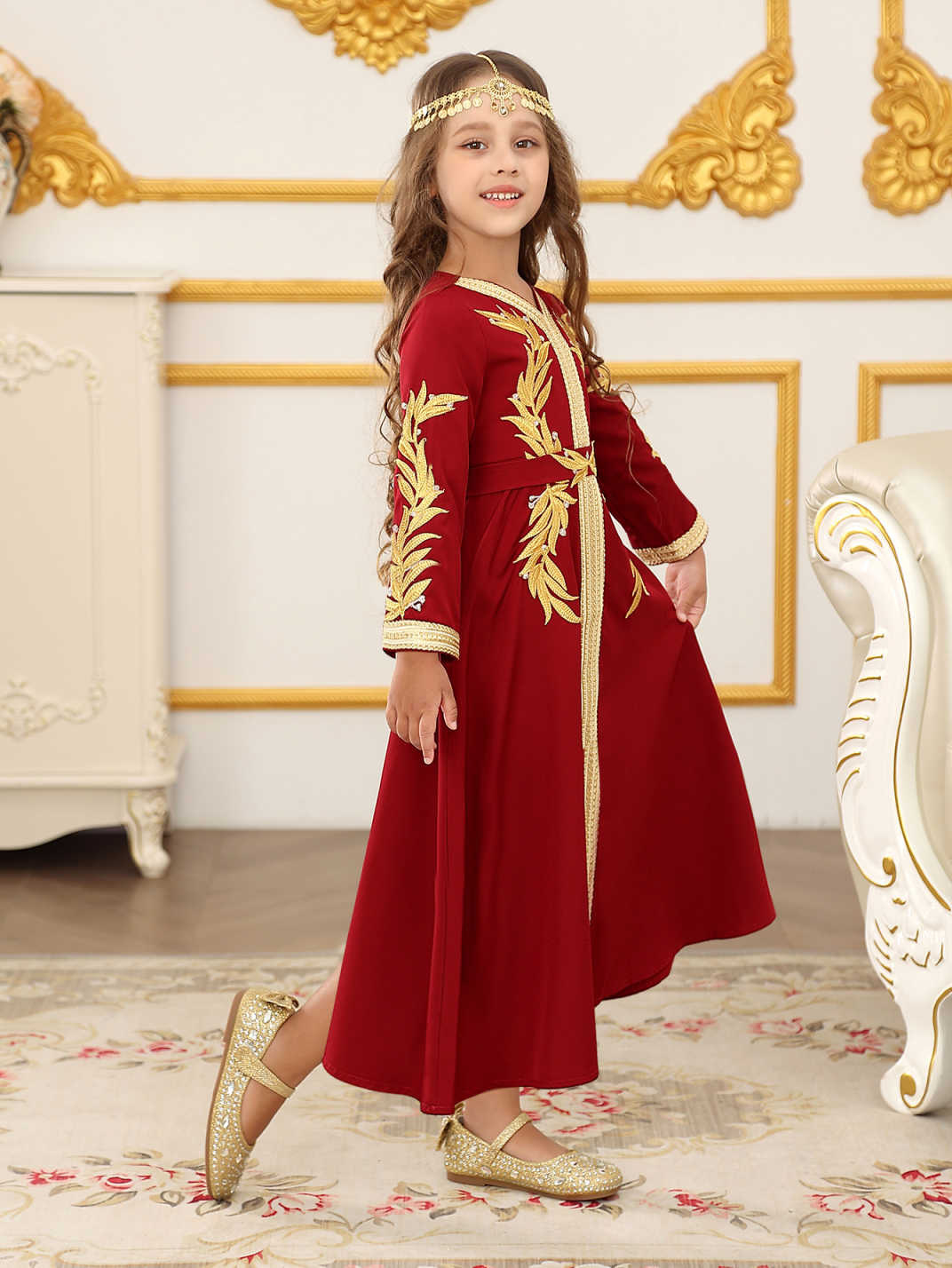 Transfronterizo Amazon vestido largo para niños nuevo cinturón de manga larga encaje vestido de niña bordado de color puro