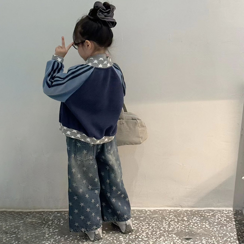女童2025秋季新款印花长袖加绒外套花边打底衫加绒牛仔裤三件套潮|undefined