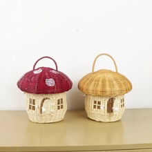 跨境藤编蘑菇创意编织摄影道具家居儿童摆件手提箱收纳筐手工艺包
