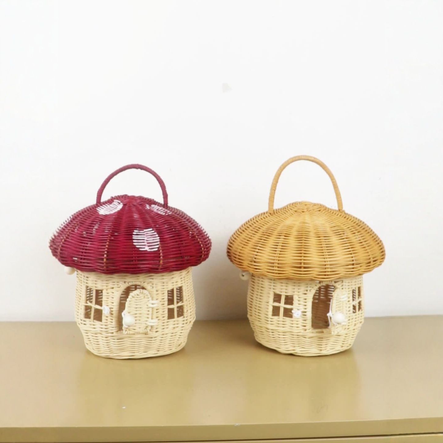 跨境藤编蘑菇创意编织摄影道具家居儿童摆件手提箱收纳筐手工艺包