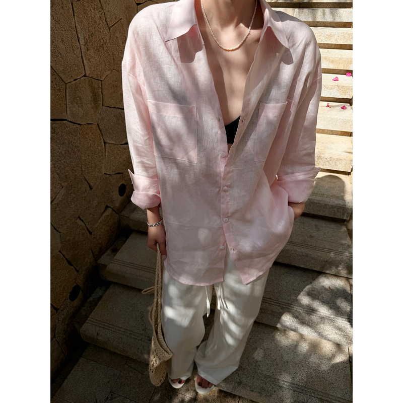 Godenam Linen Long-Sleeved Pink Long-Sleeved Shirt Women's Jacket Loose Casual Cotton and Linen Sun Protection Shirt