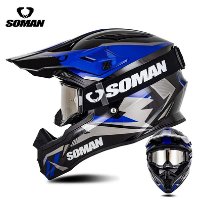 Women's Mountain Bike Off-Road Helmet, Motosiklet kaskı (dəbilqə) - black-and-blue-lightning-with-black-and-silver-goggles-s