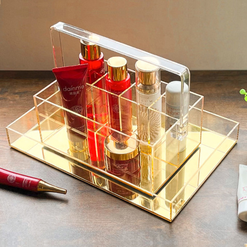 Custom Acrylic Handheld Storage Box Desk Cosmetics Divided Box Gold Mirror Acrylic Handheld Storage Box